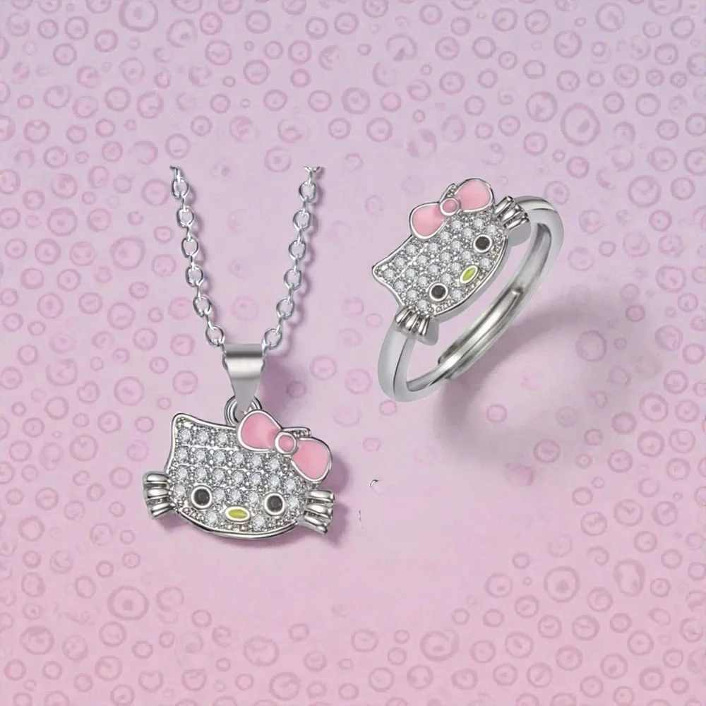 NWT Hello Kitty Crystal Bow Necklace & Ring Set-Purrfect Girls Gift!